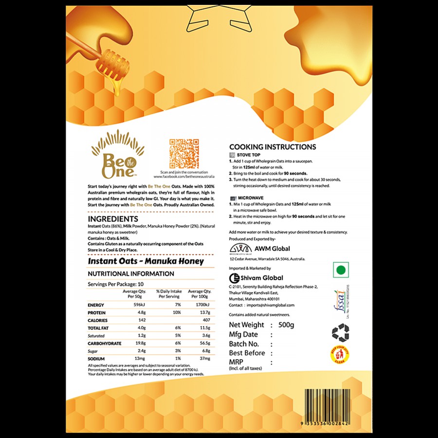 Be the one Oats With Pure Manuka Honey - 100% Australian Crown Oats