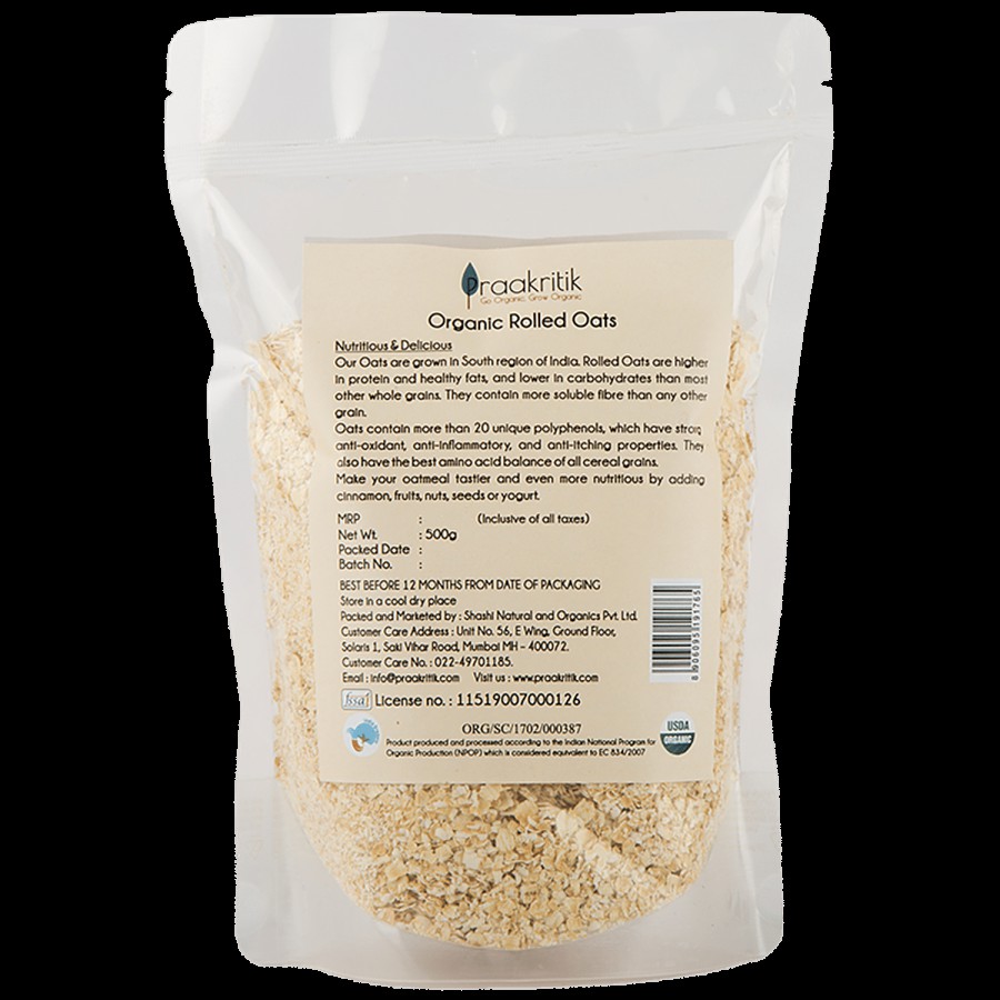 Praakritik Organic Rolled Oats - High In Protein & Healthy Fats