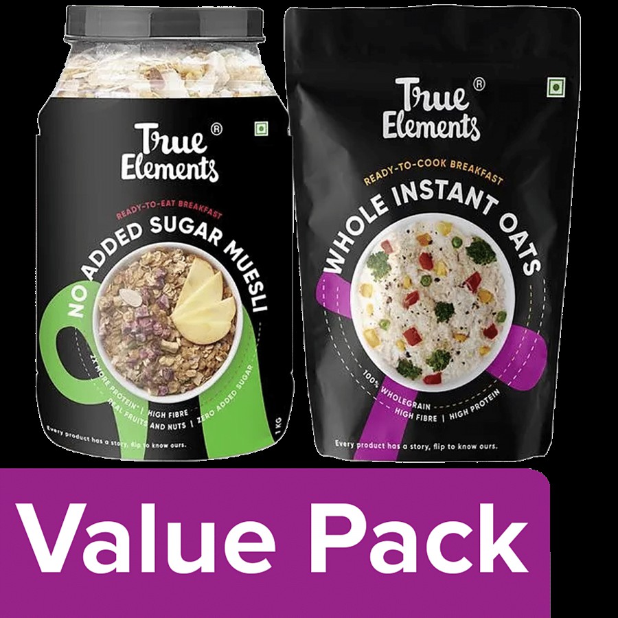 True Elements Fibre Rich Muesli For Breakfast 1 kg Bottle + Whole Instant Oats 200 g