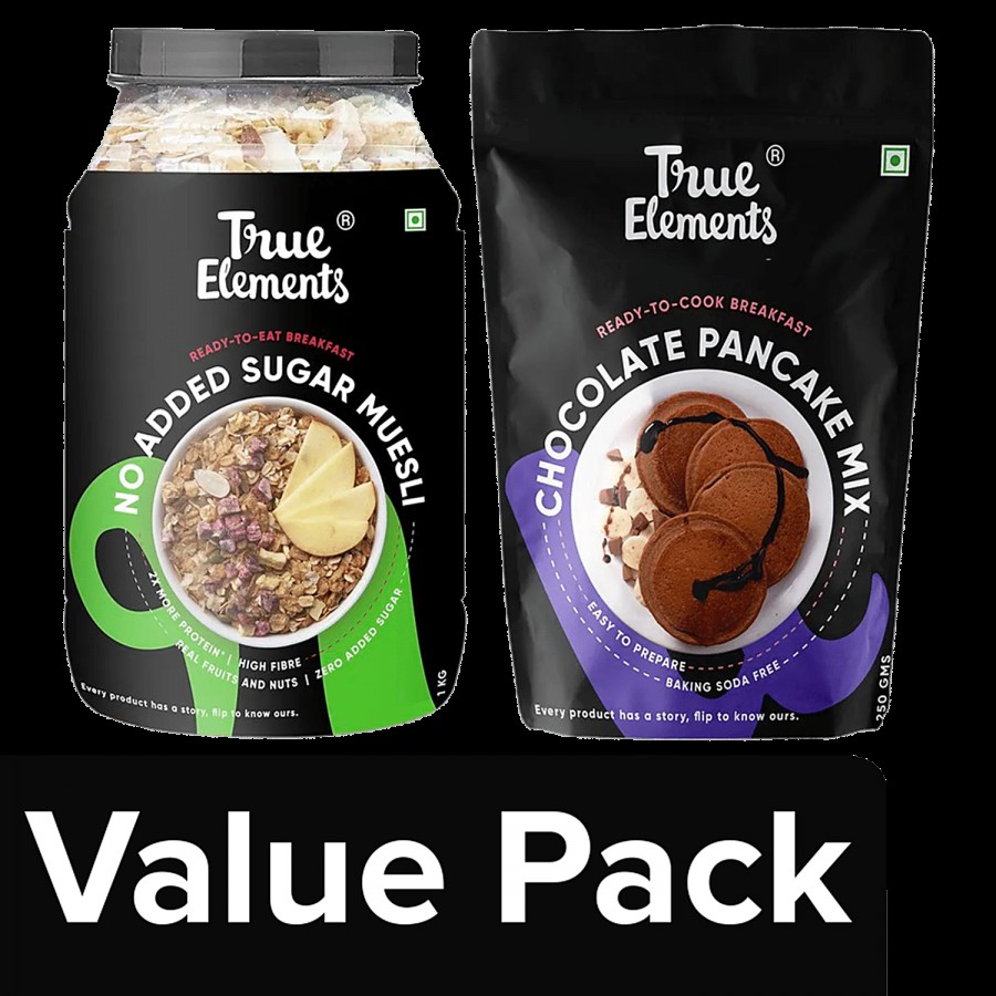 True Elements Fibre Rich Muesli For Breakfast 1kg + Ready To Cook - Chocolate Pancake Mix 250g