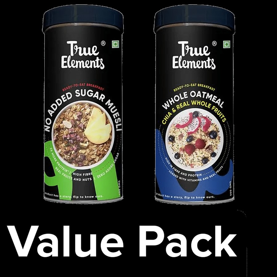 True Elements Fibre Rich Muesli For Breakfast 400g + Sugar Free Breakfast Cereals Oatmeal 500g