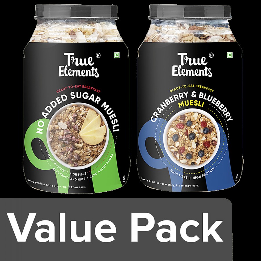 True Elements Fibre Rich Muesli For Breakfast + Cranberry Blueberry Muesli Fibre (each 1kg)