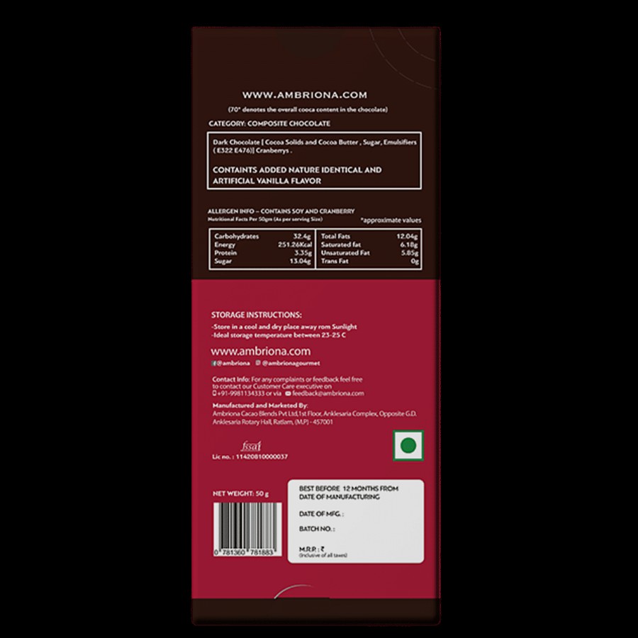 Daarzel 70% Cocoa Intense Dark Chocolate With Cranberry - Vegan