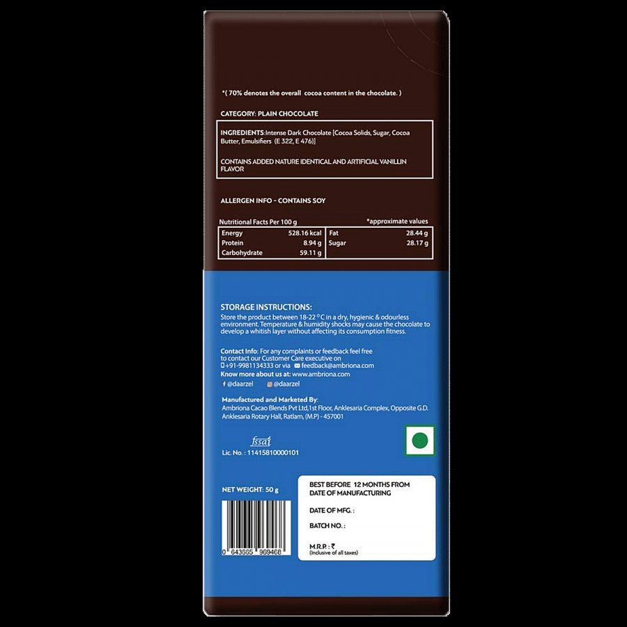 Daarzel 70% Intense Dark Chocolate - Indian Origin