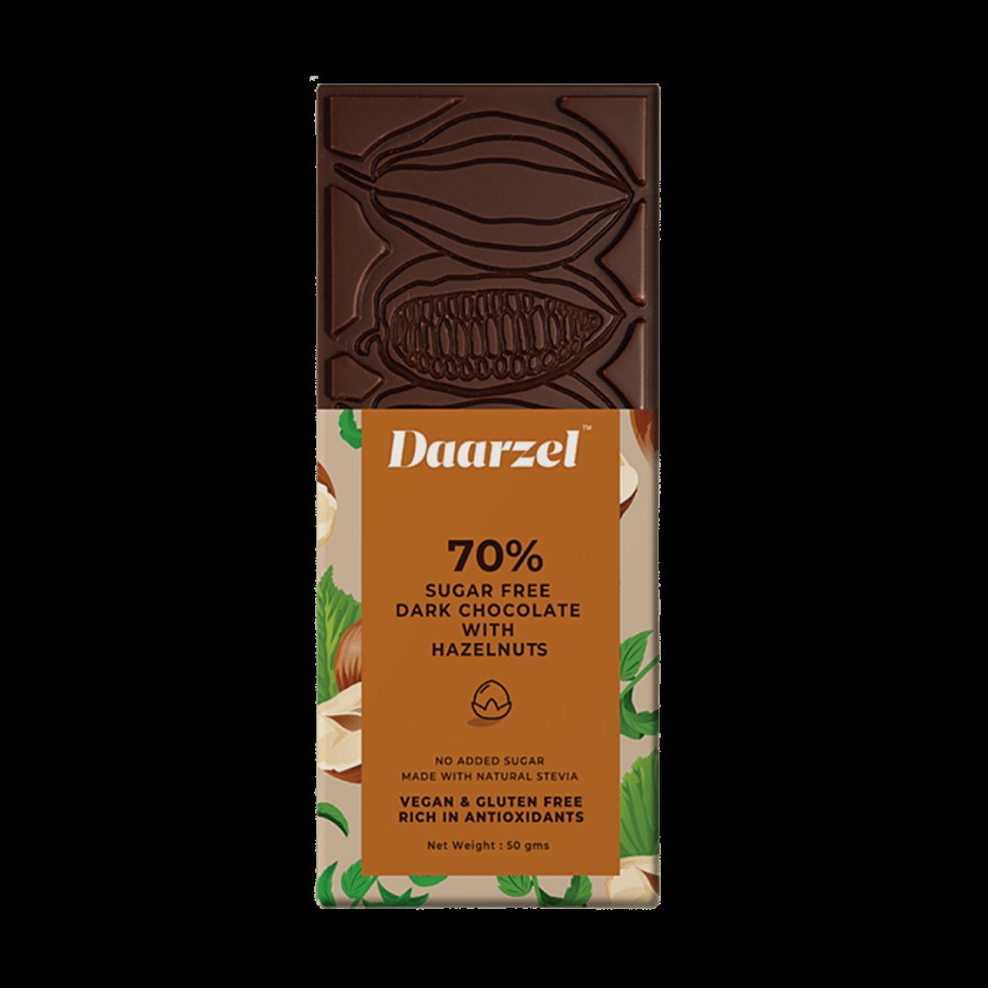 Daarzel Zero Sugar 70% Cocoa Dark Chocolate With Hazelnuts - Sugar-free