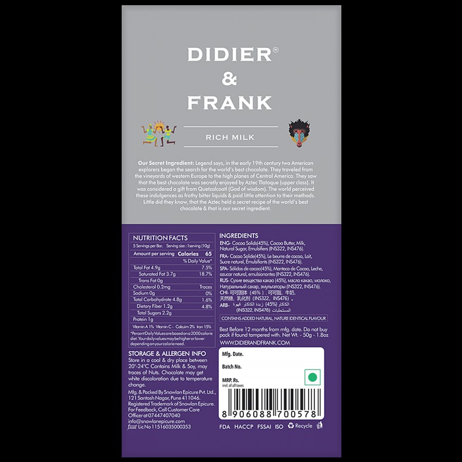 Didier & Frank  Creamy Rich Milk Chocolate - Rich Flavour & Taste