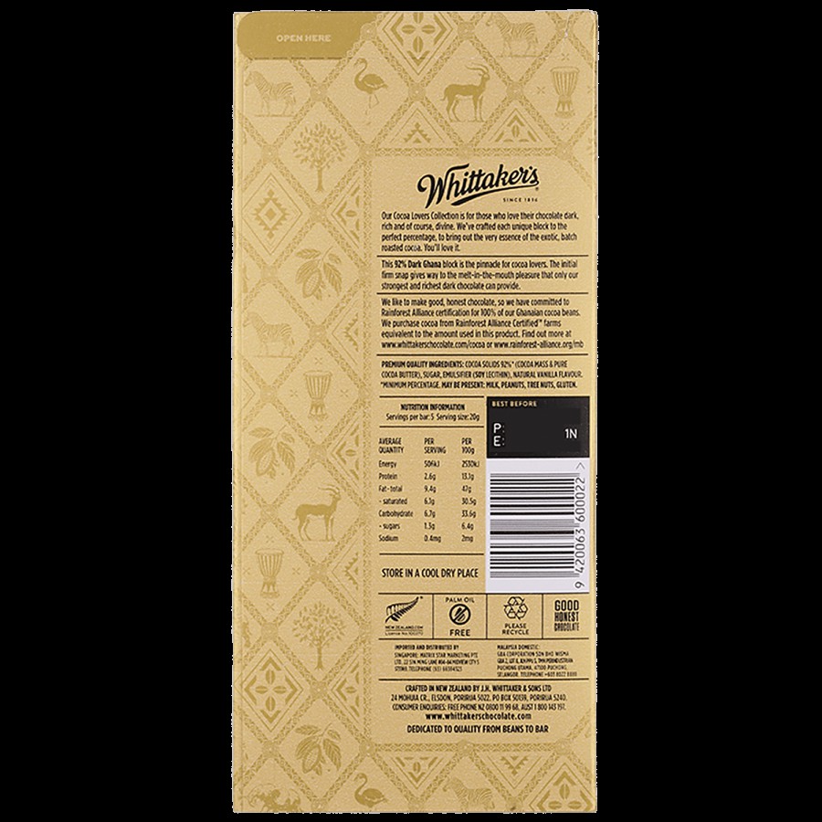 WHITTAKERS Cocoa Lovers Collection -  92% Ghana Intense Dark Chocolate