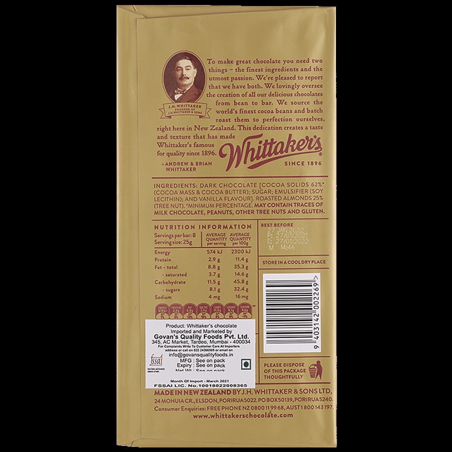 WHITTAKERS Dark Almond - 62% Cocoa