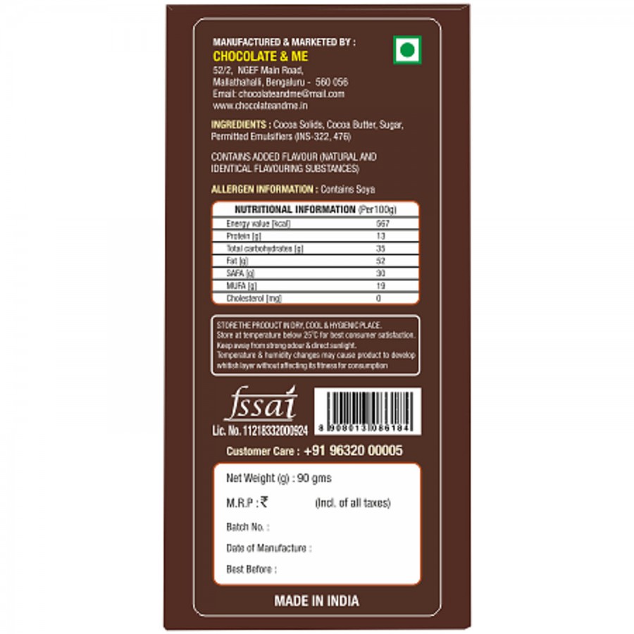 Chocolate and Me 90% Extreme Dark Chocolate Bar - Rich In Cocoa & Nutrients