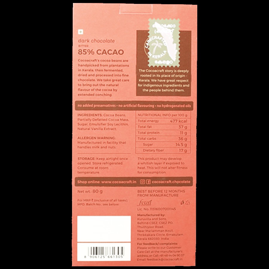 Cocoacraft 85% Cacao Bitter Dark Chocolate Couverture - Classic