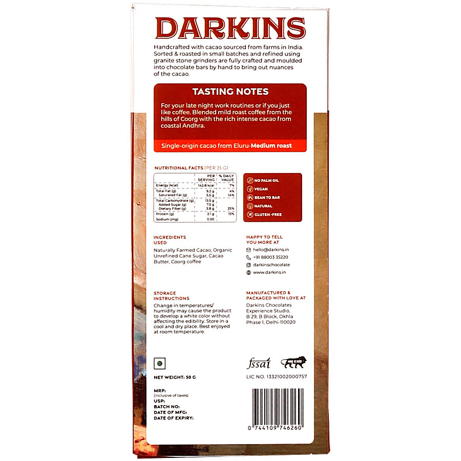 Darkins 65% Artisanal Dark Chocolate With Coorg Coffee