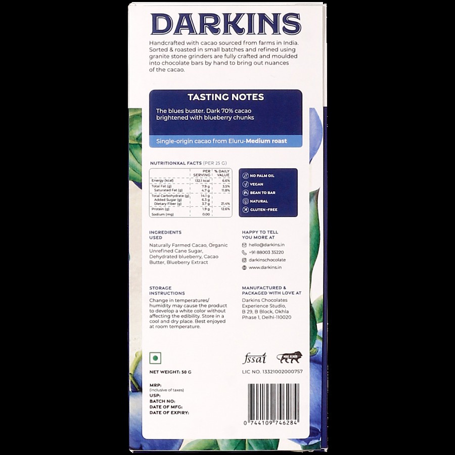 Darkins 70% Artisanal Dark Chocolate With Blueberries