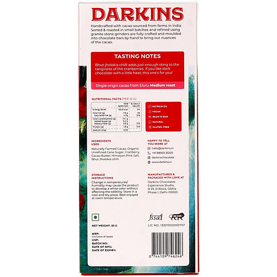 Darkins 70% Artisanal Dark Chocolate With Cranberry & Bhut Jholokia Chilli