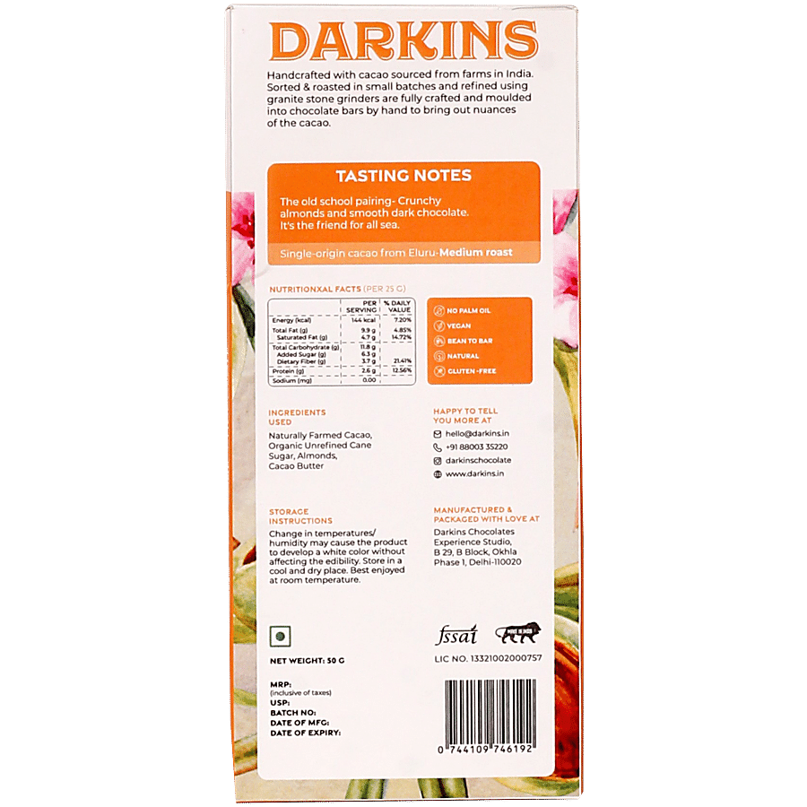 Darkins 70% Artisanal Dark Chocolate With Roasted Almonds