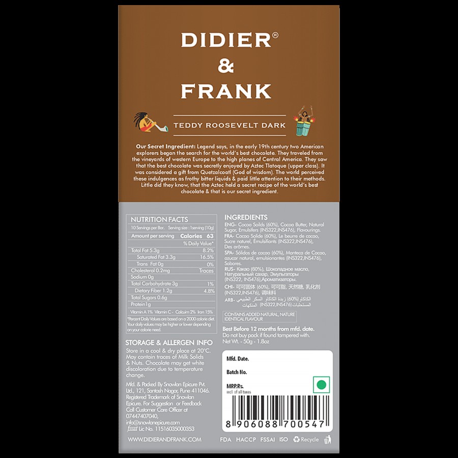 Didier & Frank  Teddy Roosevelt Coffee Dark Chocolate - Rich Taste & Flavour