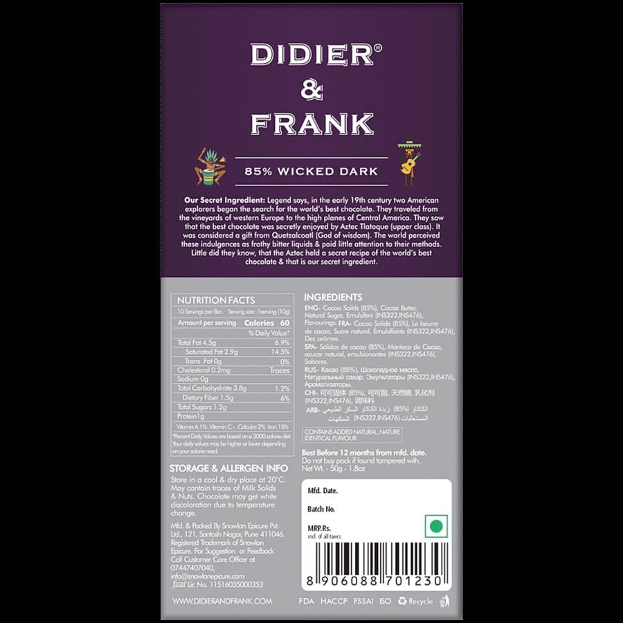 Didier & Frank  Wicked 85% Dark Chocolate - Rich Taste