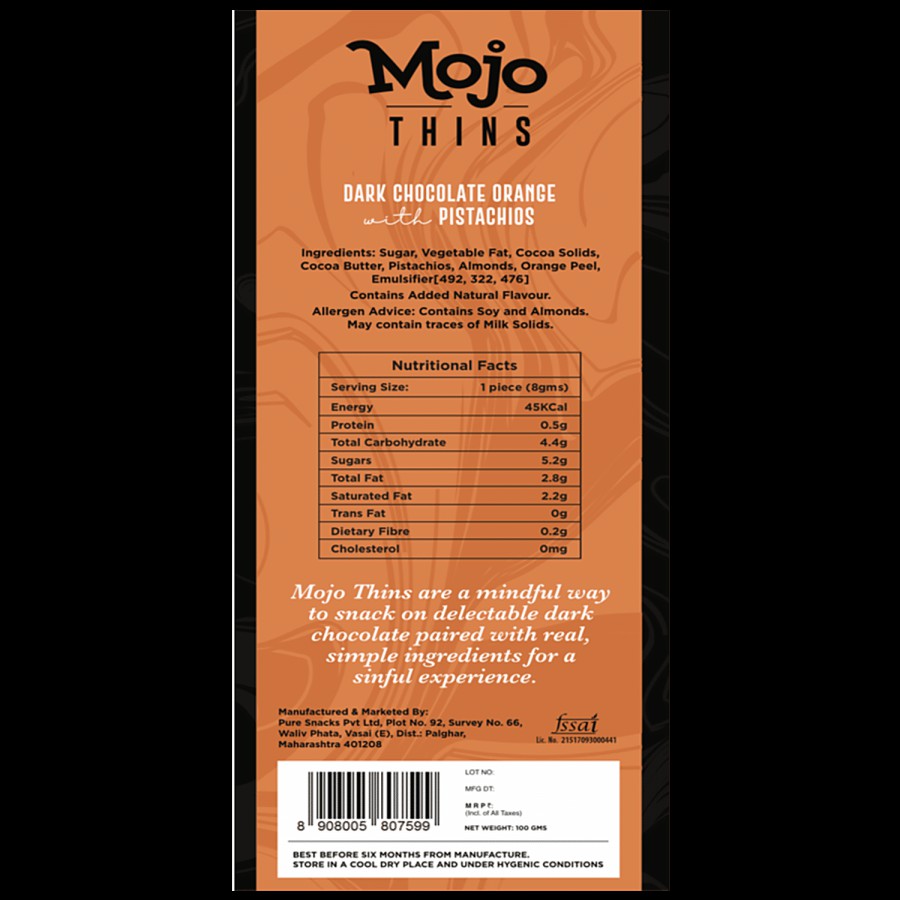 MOJO THINS Dark Chocolate Orange With Pistachios