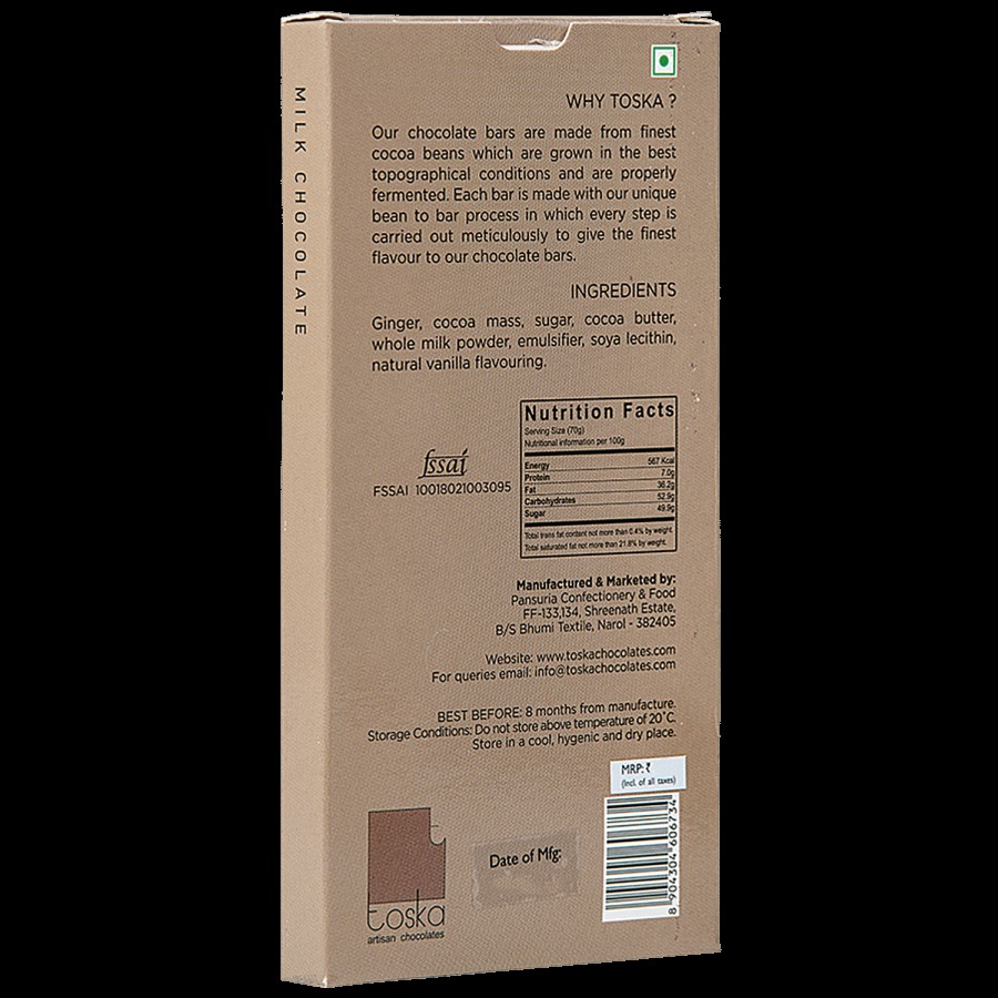 Toska Chocolates Ginger Milk Chocolate - 39.4% Cocoa