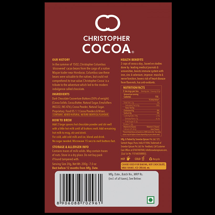 Christopher Cocoa Hot Drinking Chocolate - Hazelnut Mocha