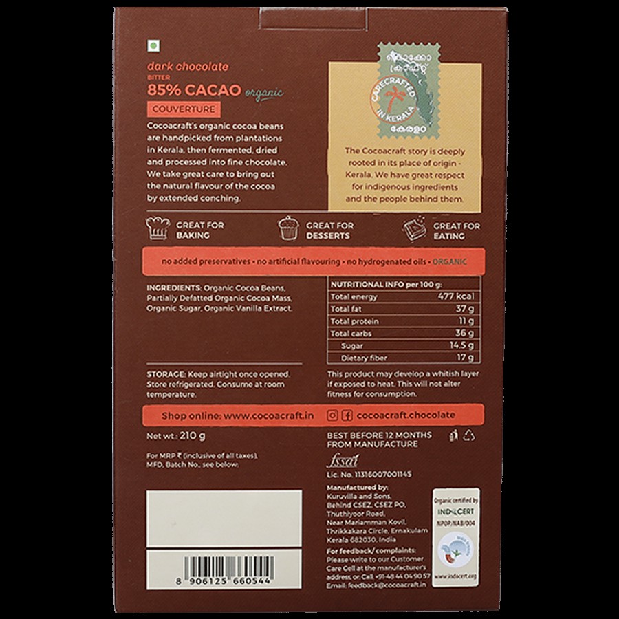 Cocoacraft Organic 85% Bitter Dark Chocolate Couverture - Artisanal