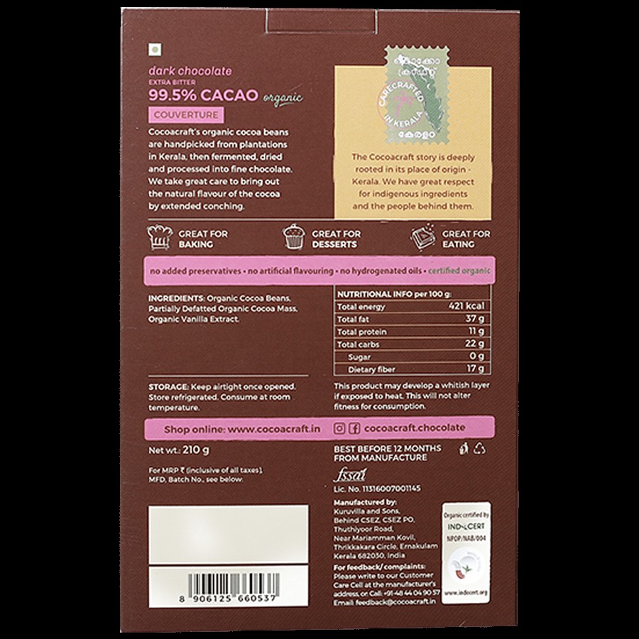 Cocoacraft Organic 99.5% Extra Bitter Dark Chocolate Couverture - Artisanal