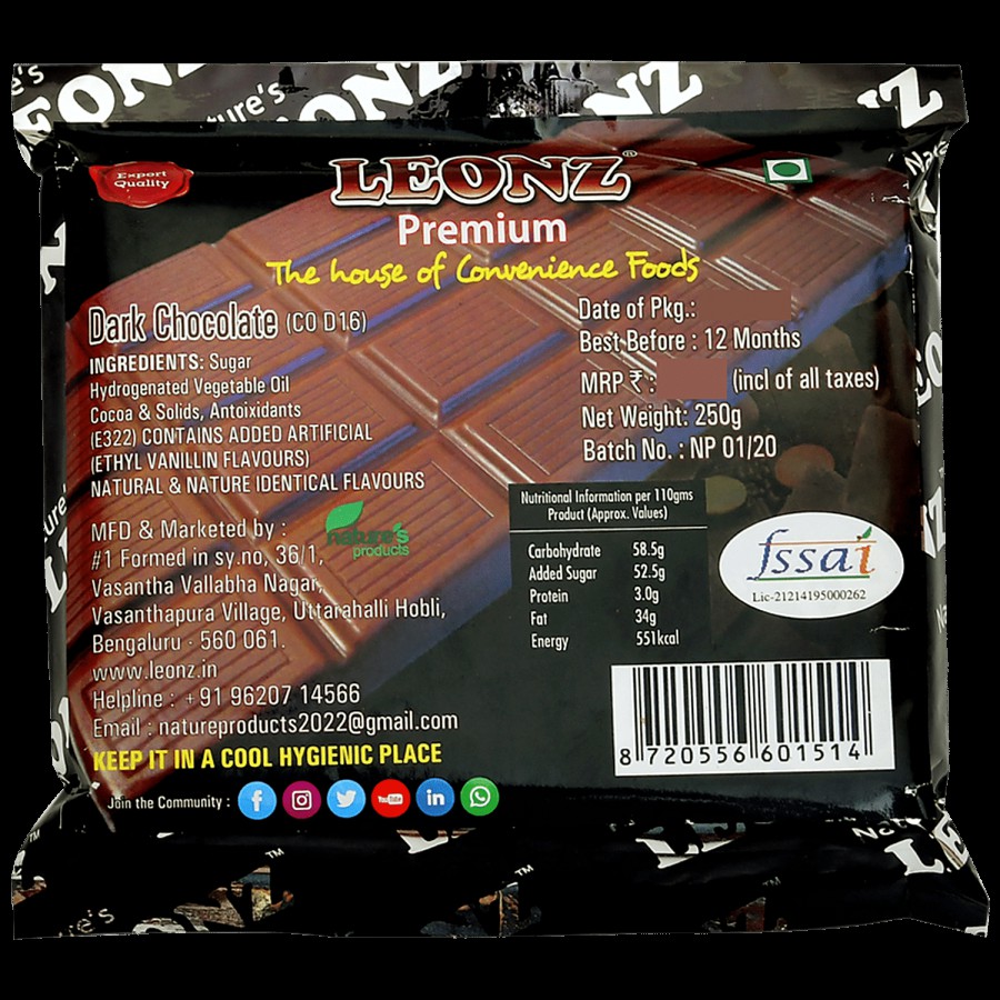 Leonz Dark Chocolate Bar - Smooth & Rich