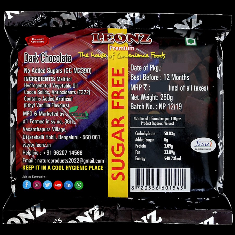 Leonz Dark Sugar-Free Chocolate Bar - Smooth & Rich