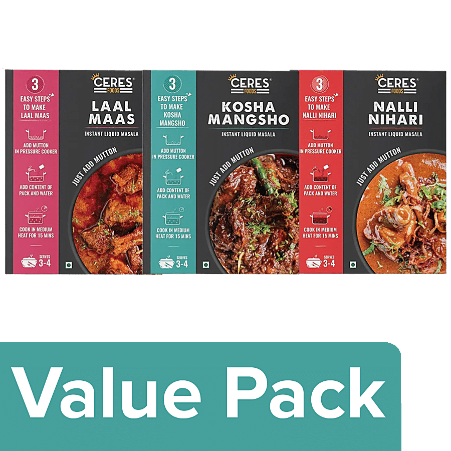 Ceres Foods Instant Liquid Masala - Laal Maas 200 g + Kosha Mutton 200 g + Nalli Nihari 200g