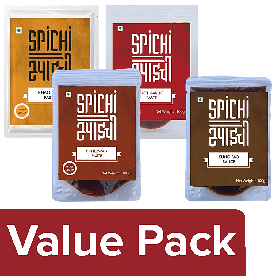 SPICHI Khao Suey Paste + Kung Pao Sauce + Schezwan Paste + Hot Garlic Paste (100g each)