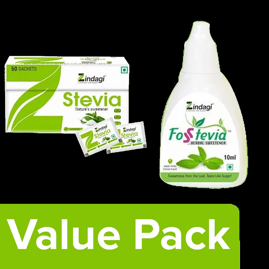 Zindagi Fosstevia Herbal Sweetner Drops 10 ml Bottle + Stevia Sachets 50 Sachets Carton