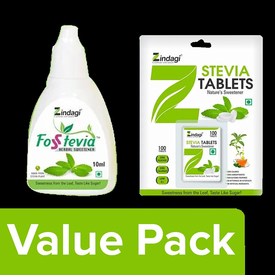 Zindagi Fosstevia Herbal Sweetner Drops 10 ml Bottle + Stevia Tablets 100 pcs Box