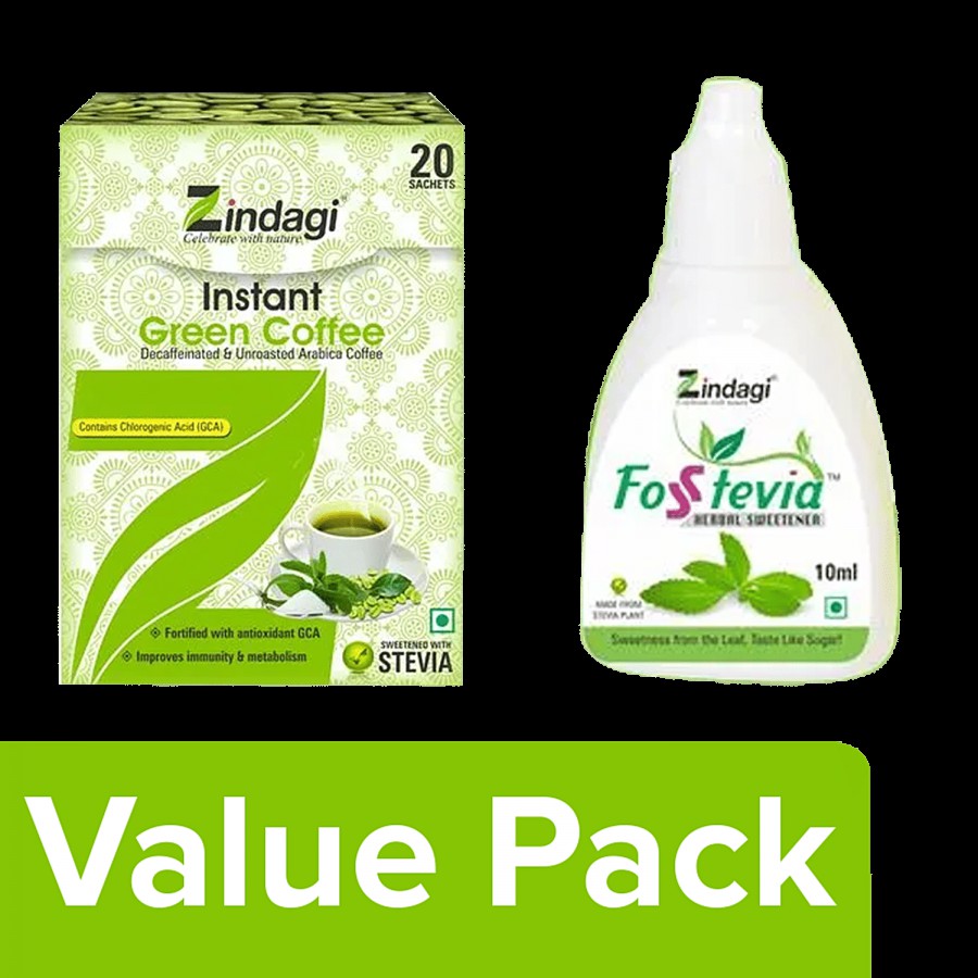 Zindagi Fosstevia Herbal Sweetner Drops 10ml+Instant Green Coffee With Lemon 20 Sachets