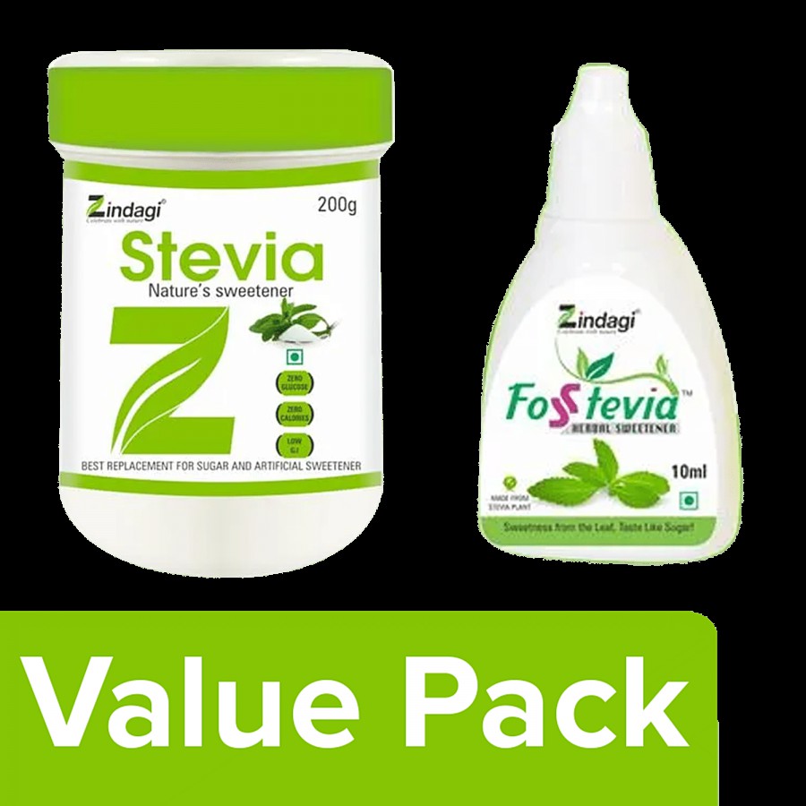 Zindagi Stevia Powder 200 g + Fosstevia Herbal Sweetner Drops 10 ml Bottle