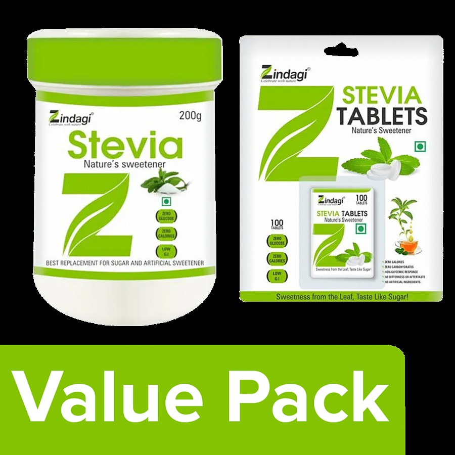 Zindagi Stevia Powder 200 g + Stevia Tablets 100 pcs Box