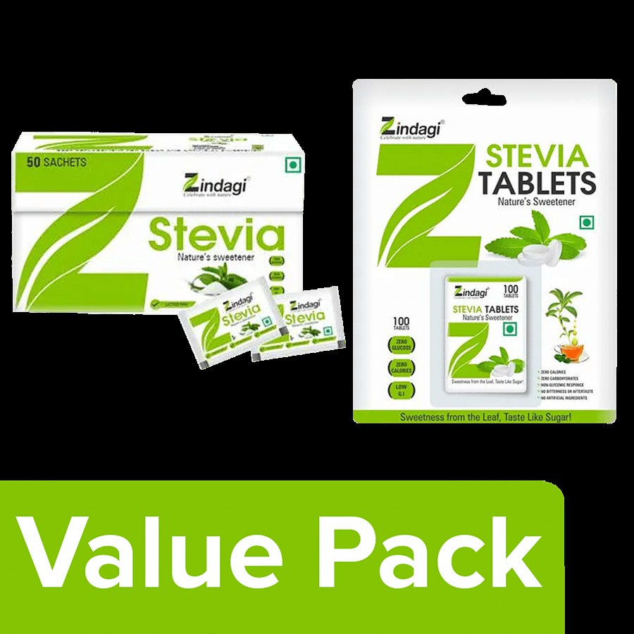 Zindagi Stevia Sachets 50 Sachets Carton + Stevia Tablets 100 pcs Box