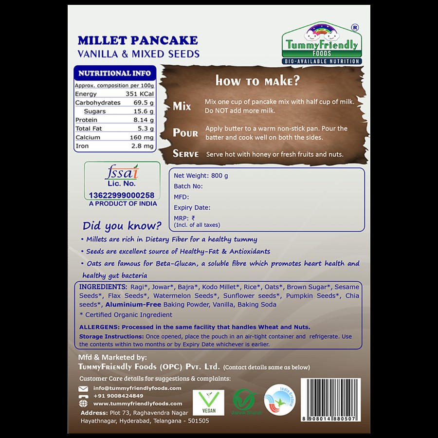 TummyFriendly Foods Millet Pancake Instant Breakfast Mix - Vanilla & Mixed Seeds