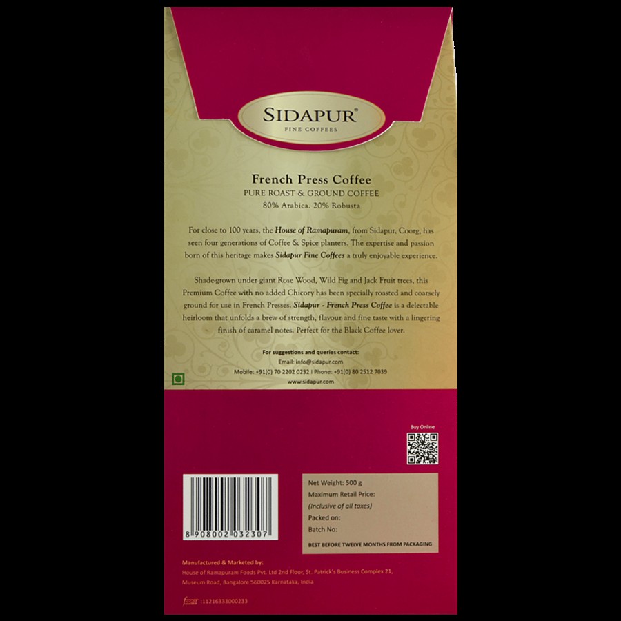 Sidapur French Press Roast & Ground Coffee - Arabica