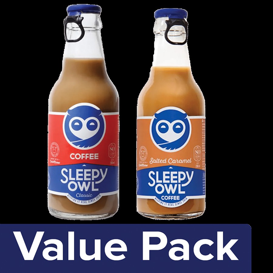 Sleepy Owl Cold Brew Coffee (Classic) + Cold Coffee - Salted Caramel (200 ml each) Bottle