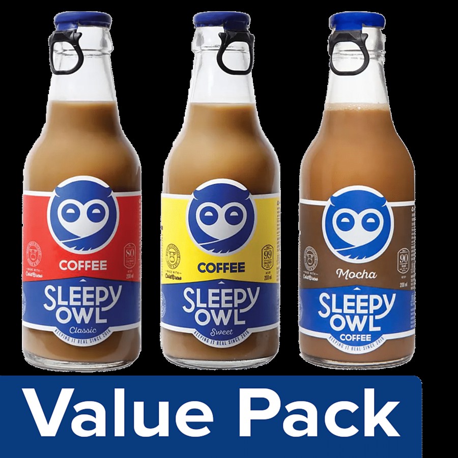 Sleepy Owl Cold Brew Coffee - Classic + Sweet + Cold Coffee - Mocha (200 ml each) Bottle