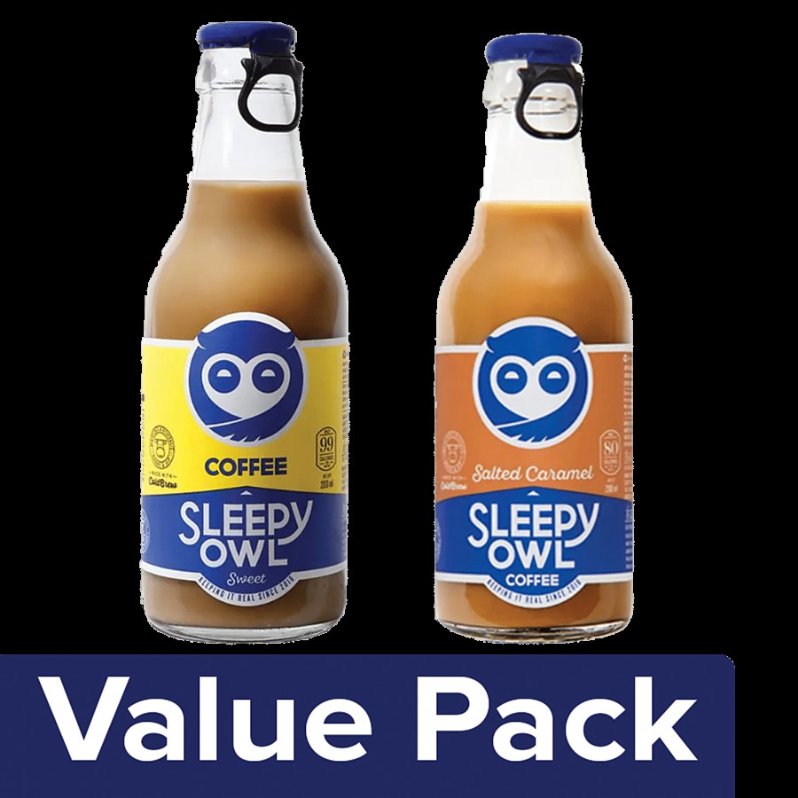 Sleepy Owl Cold Brew Coffee (Sweet) + Cold Coffee - Salted Caramel (200 ml each) Bottle