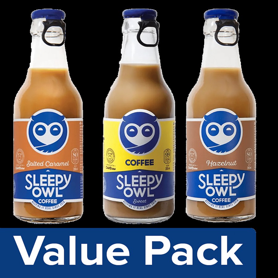 Sleepy Owl Cold Coffee-Salted Caramel +Cold Brew Coffee-Sweet +Hazelnut Coffee (200ml each)