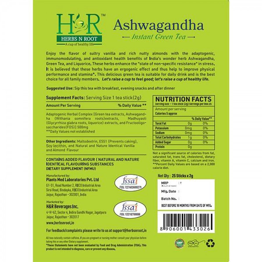 Herbs N Root Ashwagandha Instant Green Tea - Vanilla & Almond Flavour