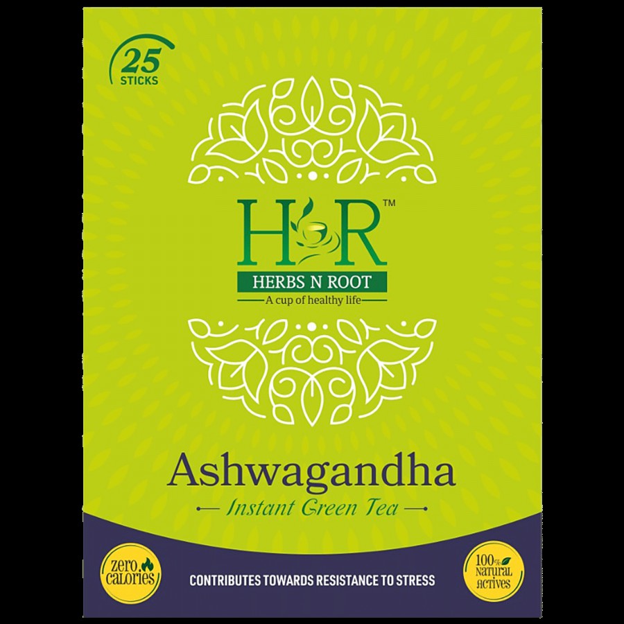 Herbs N Root Ashwagandha Instant Green Tea - Vanilla & Almond Flavour