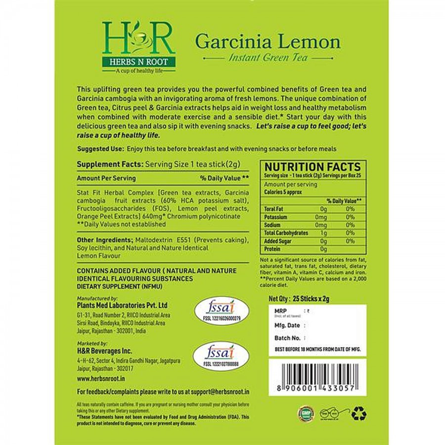 Herbs N Root Garcinia Lemon Instant Green Tea - Lemon Flavour