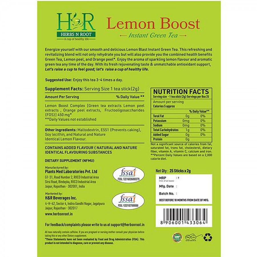 Herbs N Root Lemon Boost Instant Green Tea - Rich Antioxidant