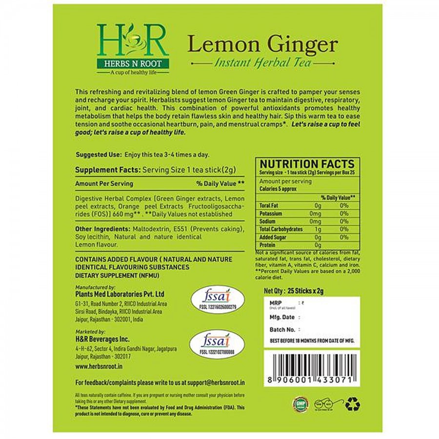 Herbs N Root Lemon Ginger Instant Herbal Tea - Promotes Digestion