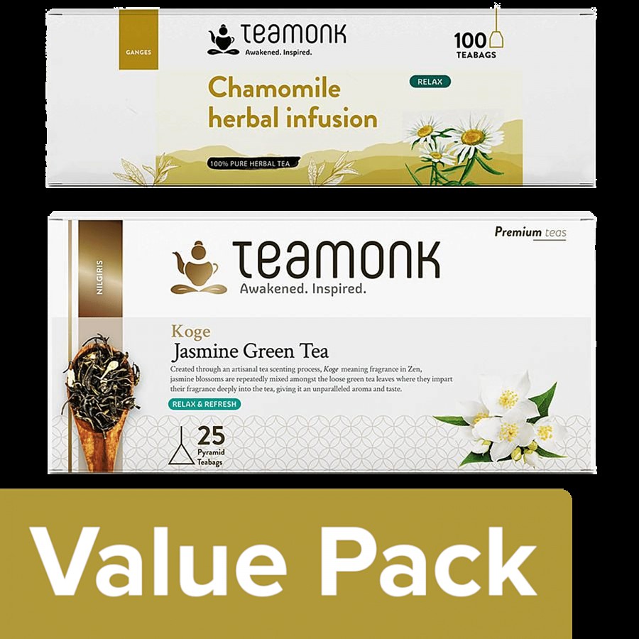 Teamonk Chamomile Herbal Infusion 200 g (100 Bags) + Jasmine Green Tea 50 g (25 Bags)