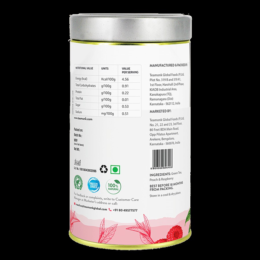 Teamonk Peach Raspberry Green Tea - Provides Glowing Skin & Boosts Immunity