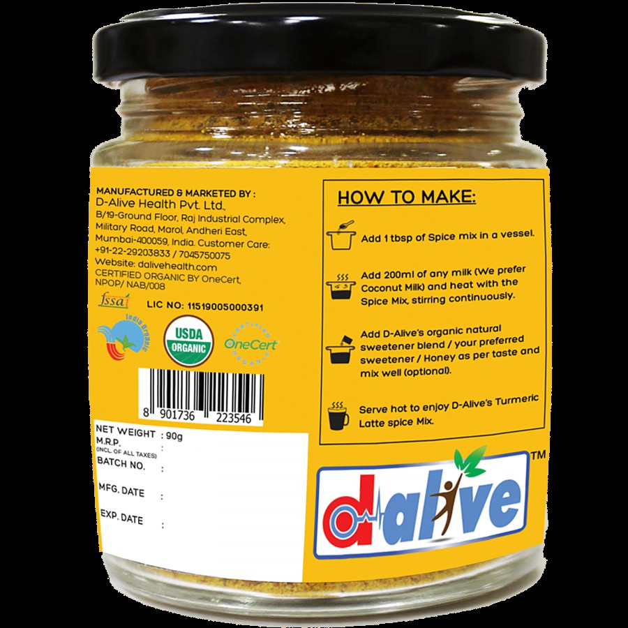 D-Alive Organic Spiced Turmeric Latte Daily Drink Mix Powder - Sugar-Free