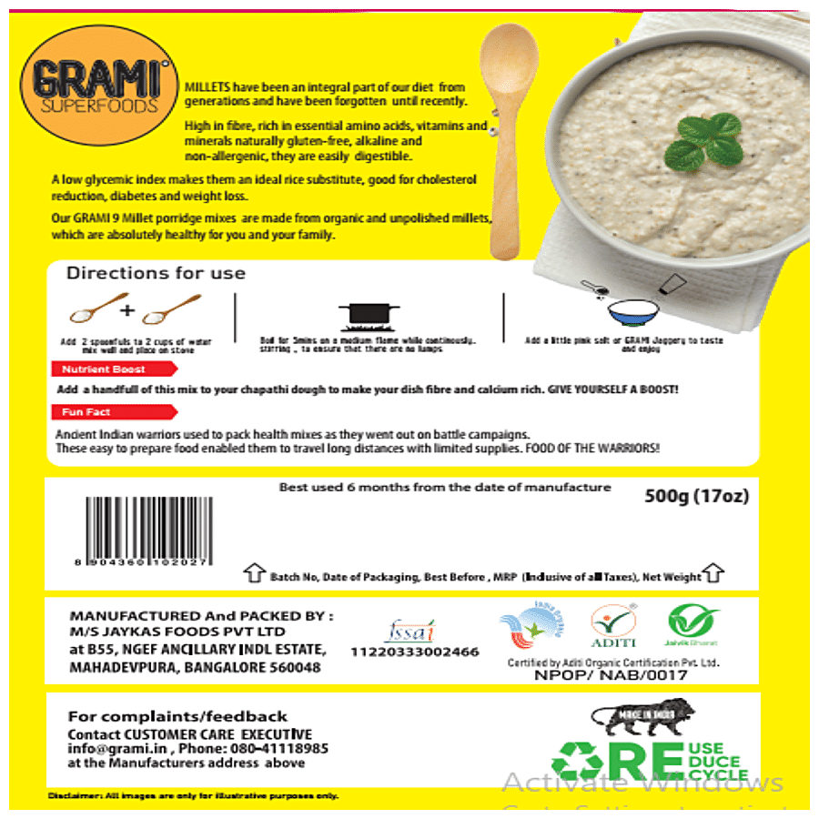 GRAMI SUPERFOODS Organic 9 Millet Health Mix Porridge - For Strength